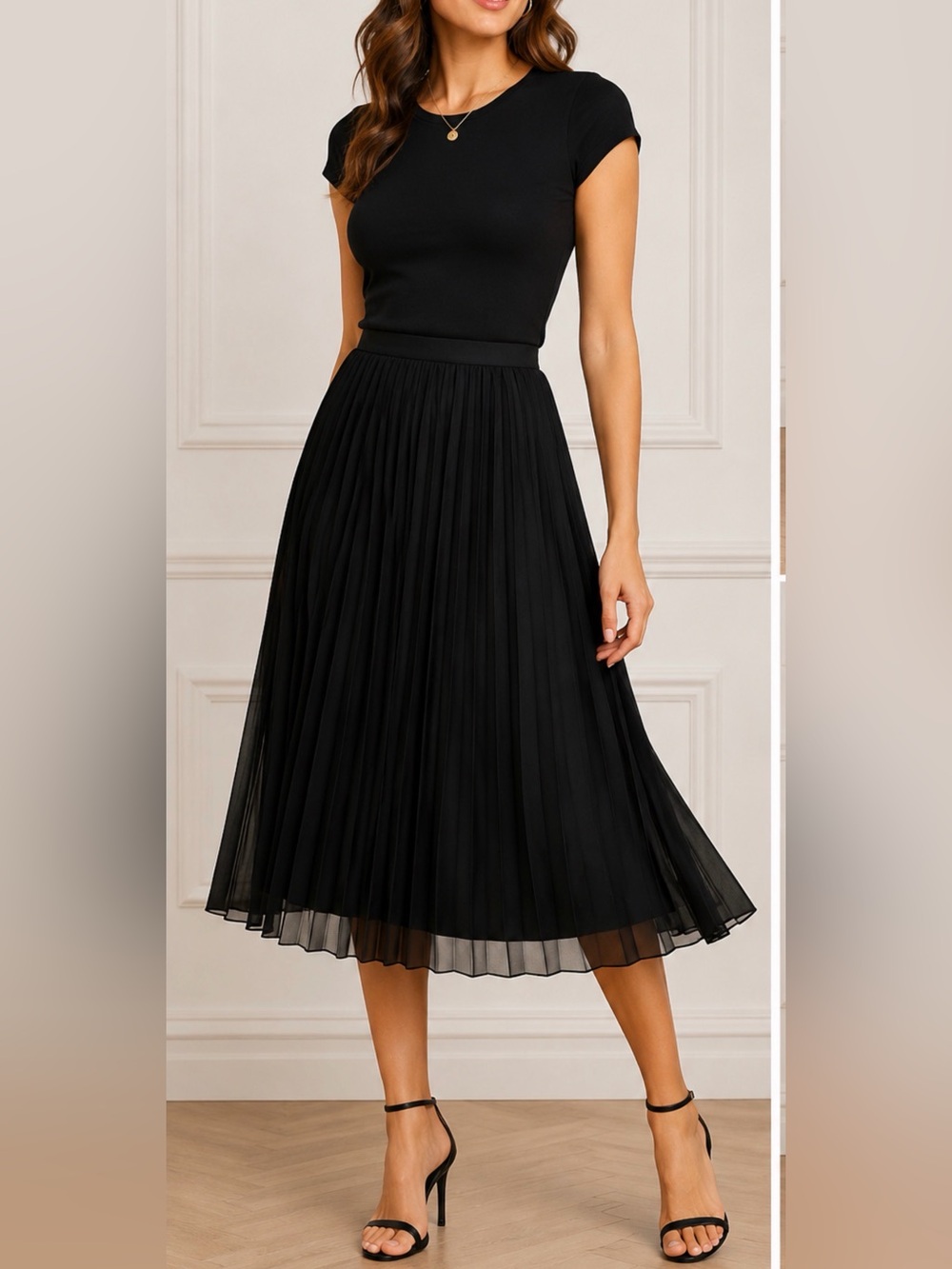 Jones New York Petite Black Pleated Midi‎ Skirt Sheer Overlay Quiet Luxury Chic